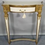 A Regency style white painted and parcel gilt decorated single drawer console table,
