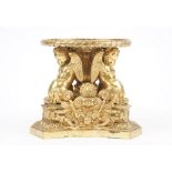 A late 19th century gilt bronze tazza base (lacking top), cast with fruit, swags,