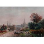 Henry Charles Fox (British 1855-1929), Sheep and shepherd, a church beyond, watercolour,
