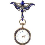 A gold, diamond set and enamelled keyless wind, openfaced lady's pendant watch,