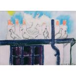 John Bratby (British, 1928-1992), The Doves by the chimneys, pastel, signed and inscribed,