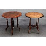 A near pair of Victorian inlaid figured walnut octagonal occasional tables,