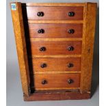 A miniature 19th century mahogany and birds eye maple five drawer Wellington chest,