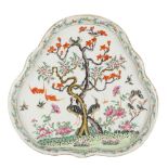 A Chinese famille rose tray, 19th century, of shaped trefoil form, painted with birds,