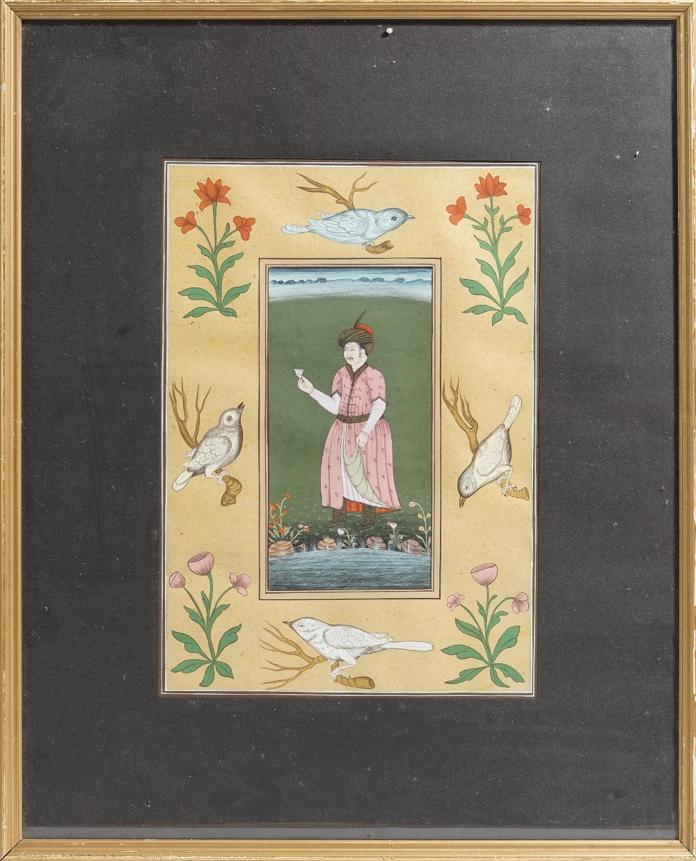 A Persian miniature, 20th century, gouache on paper, painted with a figure standing by a stream,
