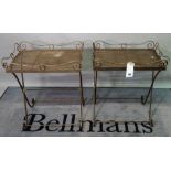 A pair of modern steel folding tray tables, with wire work galleried tops, 60cm wide x 70cm high.