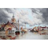 Louis van Staaten (Dutch 1836-1909), Canal scenes with barges, a pair, watercolour, 39cm x 58cm.