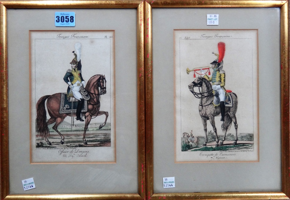 A pair of hand coloured engravings of 'Troupes Francaisea', each 21cm x 13cm.