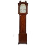 A Victorian mahogany longcase clock, with arch top hood and foliate painted tin dial,