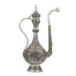 A tall Turkish white metal ewer and a stand,