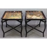 A pair of Eastern bird decorated lacquer square tray top occasional tables on folding stands,