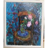 British School (late 20th century), Still life of flowers on a chair, oil on canvas, 95cm x 77cm.