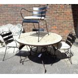 A modern black painted metal garden table, with inset mosaic top, 120cm diameter x 73cm high,