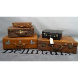 A collection of five 20th century suitcases and cases, mostly leather, various sizes,
