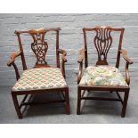A George III mahogany open armchair, on canted square supports, 60cm wide x 95cm high,