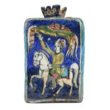 A Qajar pottery flask, late 19th/early 20th century, of triangular section,