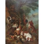 Follower of Adriaen de Gryeff, Hunting dogs with game in a landscape, oil on panel, 63cm x 48.5cm.