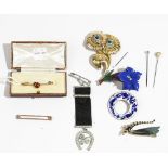 A gold and enamelled bar brooch, with a ladybird motif, cased and nine further brooches and pins,