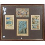 Four Persian miniatures, opaque pigments on paper, painted with figures, animals and a canal scene,