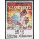 An Italian film poster 'Via Col Vento', Clarke Gable & Vivien Leigh, 140cm x 100cm, (folded).