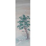 A Japanese scroll painting, painted with two cranes in flight above a pine tree, signed, 127cm.