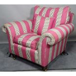 'DURESTA', a modern hardwood framed armchair, with pink striped upholstery on turned supports,