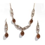 A 9ct gold, amber and cultured pearl pendant necklace,