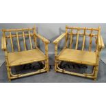 A pair of modern faux bamboo low armchairs, 74cm wide x 71cm high.