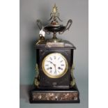A 19th century gilt metal mounted black slate and marble mantel clock, with urn finial, 45cm high.