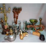 Collectables including balance scales, pewter candlesticks, root wood sculptures,