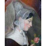 English School (19th century), Profile portrait of a woman in lace cap holding a rose,