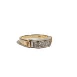 A gold and diamond ring, mounted with a row of five princess cut diamonds, in a geometric design,
