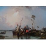 Eugène Modeste Edmond Lepoittevin (1806-1870), Estuary scene at sunset with figures in a barge,