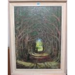** Spittle (20th century), monks walking down a thickly wooded avenue, oil on board,