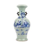 A Chinese celadon-ground blue and white two-handled vase, circa 1900,