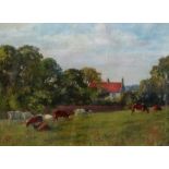 English School, late 19th/early 20th Century, Cows grazing in a field with a farmhouse beyond