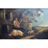 Follower of George Morland, The farmer with his dog and pigs, oil on canvas, 83.5cm x 125.5cm.