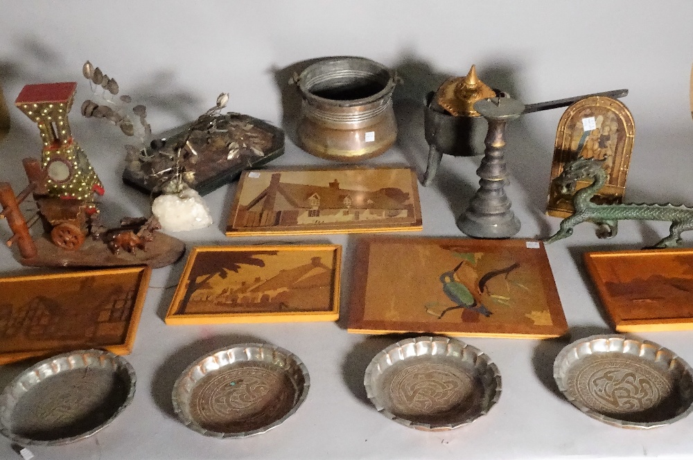 Collectables including a brass galleried tray, a quantity of hardwood Asian figures,