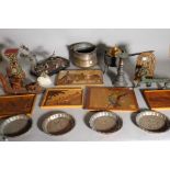 Collectables including a brass galleried tray, a quantity of hardwood Asian figures,