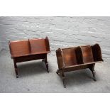 A near pair of mahogany twin section book troughs, each on four downswept supports,