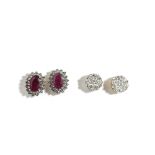 A pair of 9ct gold, ruby and diamond set oval cluster earstuds,