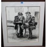 Kate Byrae (20th century), The conversation, charcoal, signed, 48.5cm x 42.5cm.