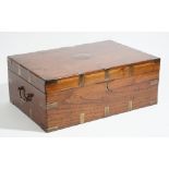 A 19th century Anglo-Indian brass bound teak travelling campaign table box, 57cm wide x 22cm high.