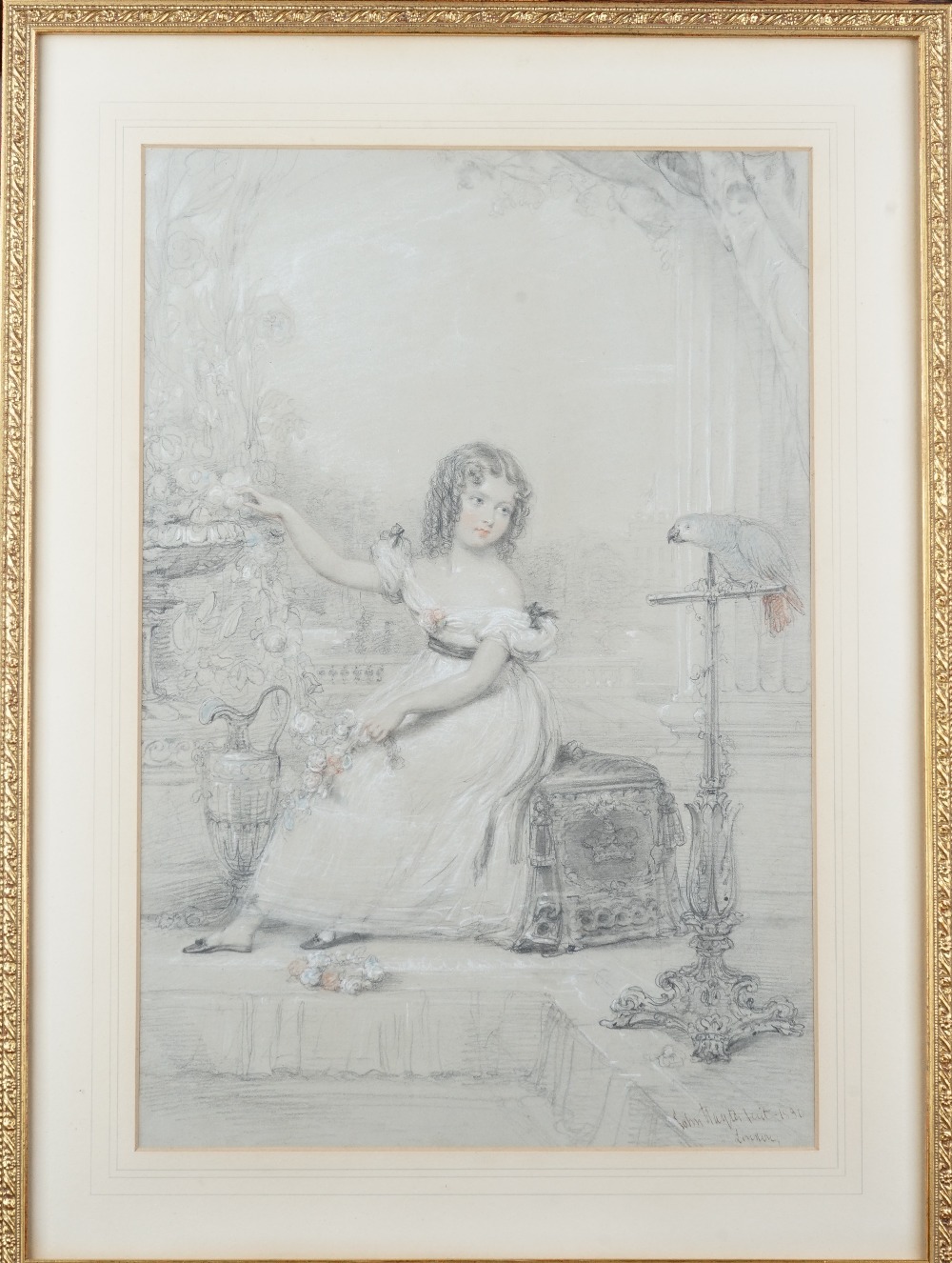 John Hayter (British, 1800 - 1895), Portrait of a girl, seated on a terrace with a parrot, pencil, - Image 3 of 3