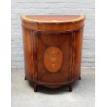 A George III style marquetry inlaid satinwood banded mahogany bowfront single door side cabinet,