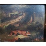 Follower of George Armfield, Two terriers; A fox lying low, a pair, oil on tin, one 12.5cm x 14.