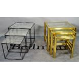 A modern brass and glass nest of three tables, the largest 50cm wide x 64cm high,