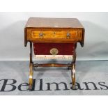 A Victorian mahogany and brass inlaid drop flap work table, 58cm wide x 72cm high.