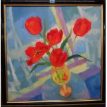 Kim Redpath (Scottish 1925-2018), Still life of tulips in a vase, oil on canvas,