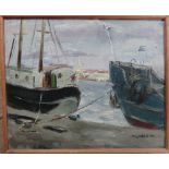Russian School (20th century), Harbour scene, oil, signed in Cyrillic, inscribed on reverse,